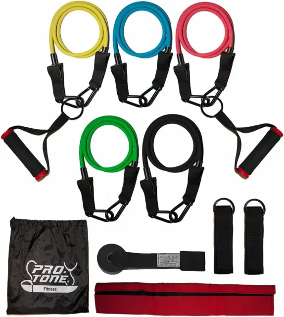 Protone resistance bands set - 5 x exercise bands with handles, and accessories.