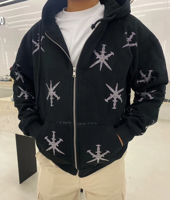 UNKNOWN LONDON / Cross Rhinestone Zip かん高く Up Hoodie