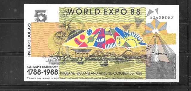 Australia Expo 1988 Au-Unc  $5 Dollar Banknote Paper Money Currency Note