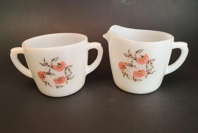 Vintage Anchor Hocking Fire King Milk Glass Sugar & Creamer Fleurette Pattern