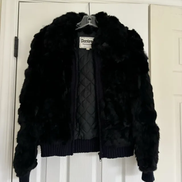 Vintage Danlee Bomber Rabbit Fur Jacket Size Medium 70s 80s Womens Tear