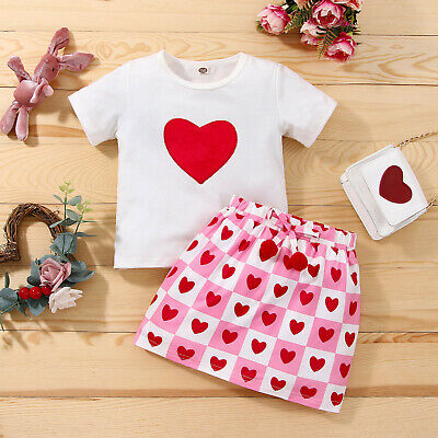 Bambine Bambine Valentine Outfits Cuore Stampato T-Shirt Top Gonne Età 6M-3T
