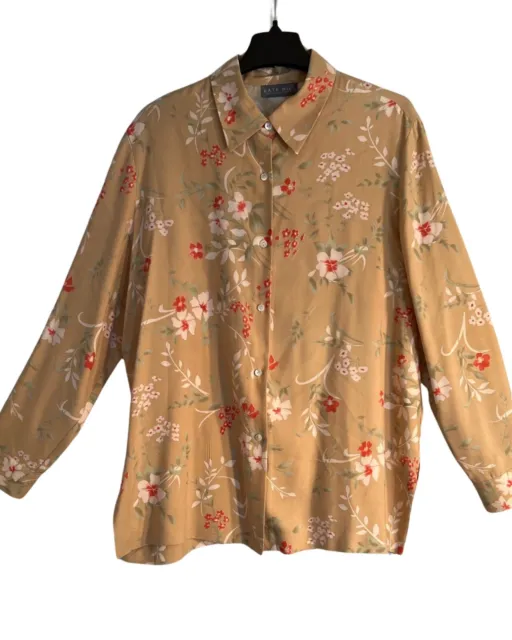 KATE HILL for LORD & TAYLOR Woman’s Blouse Silk Floral Beige Long Sleeve size XL