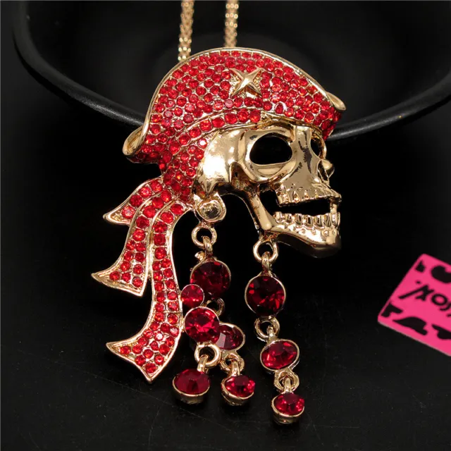 Betsey Johnson Bling Rhinestone Red Pirate Skull Crystal Pendant Chain Necklace