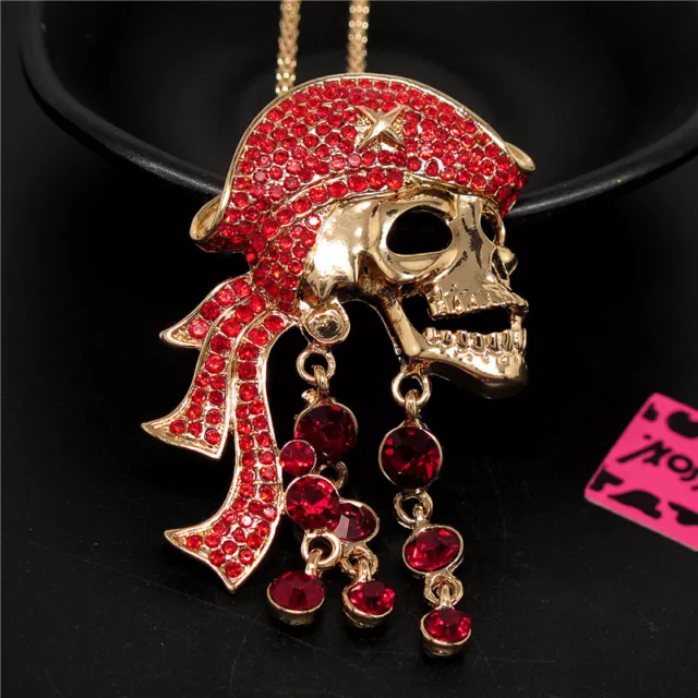 Fashion Women Bling Rhinestone Red Pirate Skull Crystal Pendant Chain Necklace