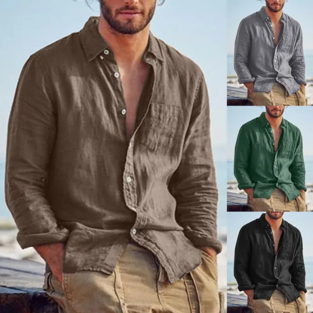 Mens Casual Cotton Linen Shirt Long Sleeve Loose Blouse Button Down Shirts Tops@