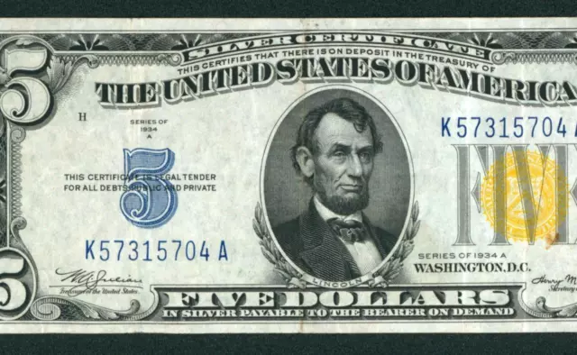 $5 1934 A (( NORTH AFRICA )) Silver Certificate ** DAILY CURRENCY AUCTIONS