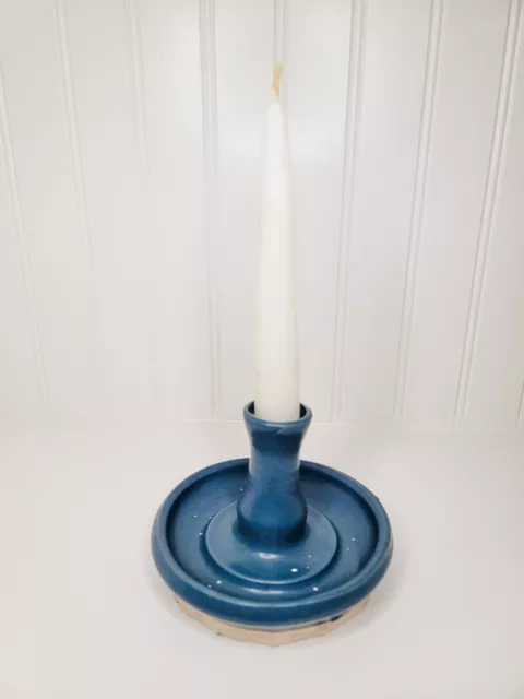 Handmade Studio Art Pottery Clay Candlestick Holder with Blue Glaze Signed 3.5"