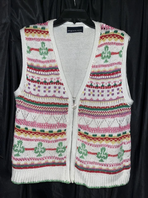 Eagle's Eye Shamrock Spring Flower Cardigan Sweater Vest L St. Patrick’s Day