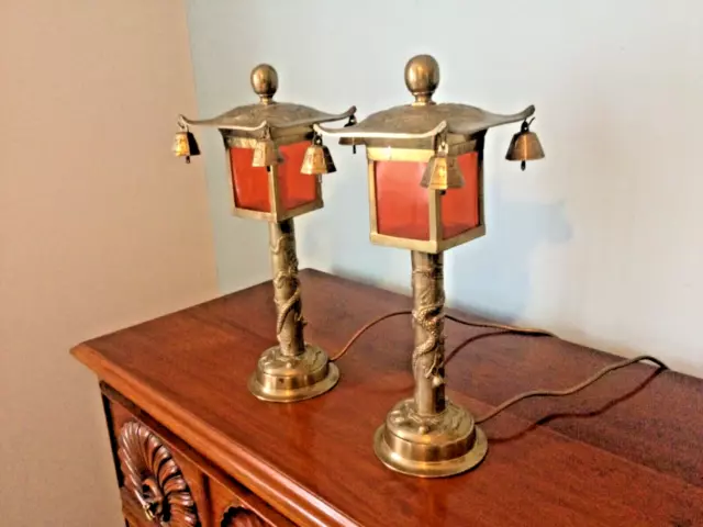 Vintage Pair Of Chinese  Heavy Brass lamp with Entwined Dragons, birds and bells