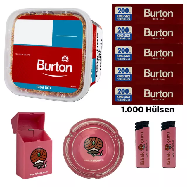 Burton Volumentabak GIGA Box 400g, Hülsen, Glasaschenbecher, Feuerzeuge, Box