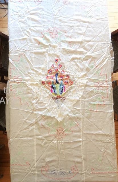 vintage CHINESE silk satin PEACOCK embroidery BED COVER or TABLECLOTH 77"x82"