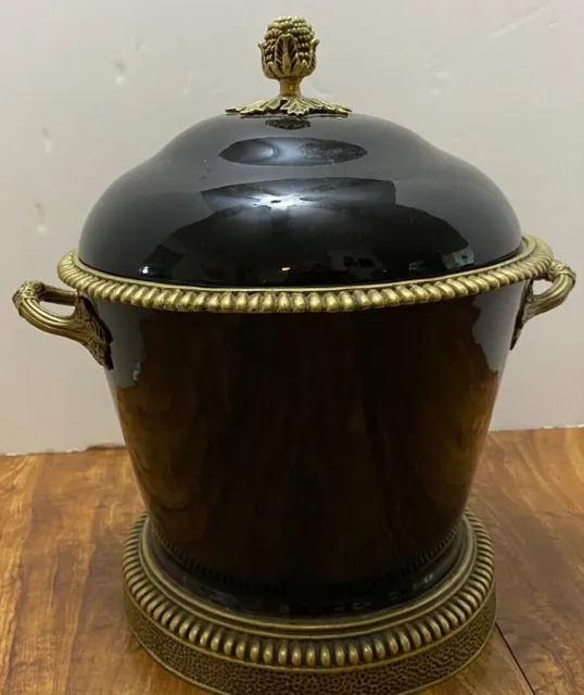 Cobalt Blue Chinese Porcelain Brass Mounted Urn Jardiniere Handled Pot Jar