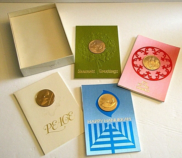 Franklin Mint Bronze Metals Christmas Hanukkah Cards 1972 lot of 4 with box  A