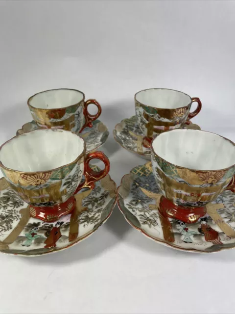 Figura antigua taza de té y platillo japonés dorado rojo con borde escamoso conjunto de 4