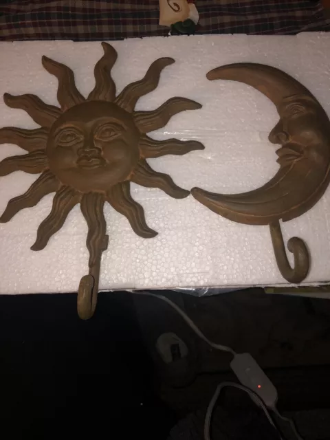 Set Of Two Cast Iron Sun Moon Wall Hooks New