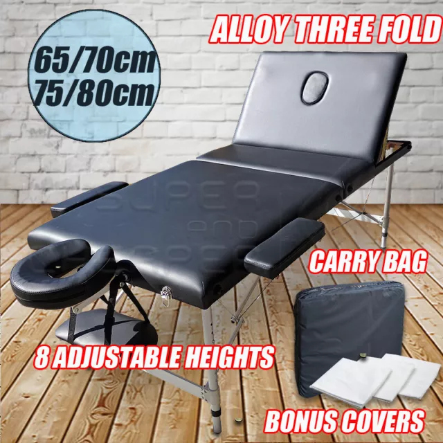 Portable Aluminium Massage Table 3 Fold Bed Therapy Waxing 70Cm/75Cm/80Cm White