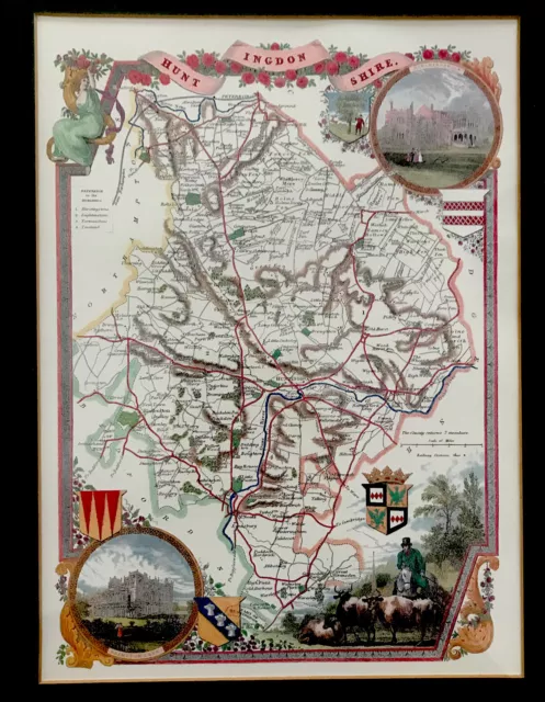 Huntingdonshire antique coloured county map - framed- Thomas Moule c1840