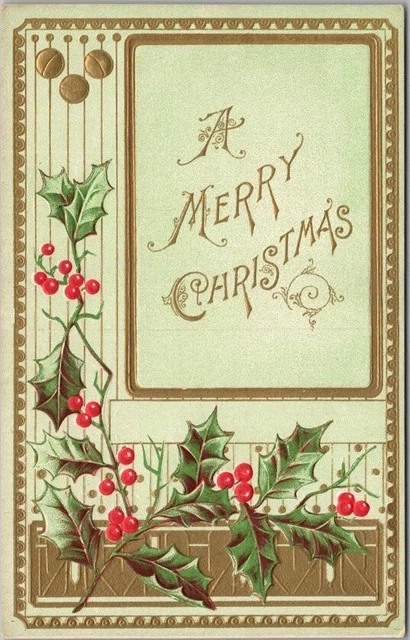 Vintage 1910s A MERRY CHRISTMAS Embossed Postcard Holly Border / UNUSED