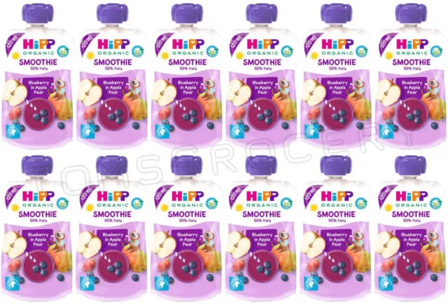 12 HIPP Organic Blueberry in Apple Pear Smoothie Dessert from 1 Year 120ml 4oz