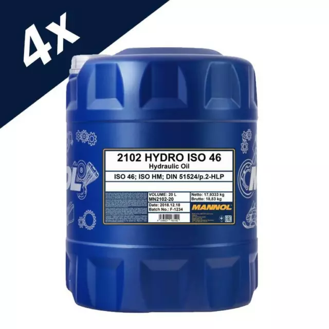 MANNOL 4x20L Hydraulic Oil 46 Fluid HLP 46 High Grade 80 Litres ISO 46 DIN 51524