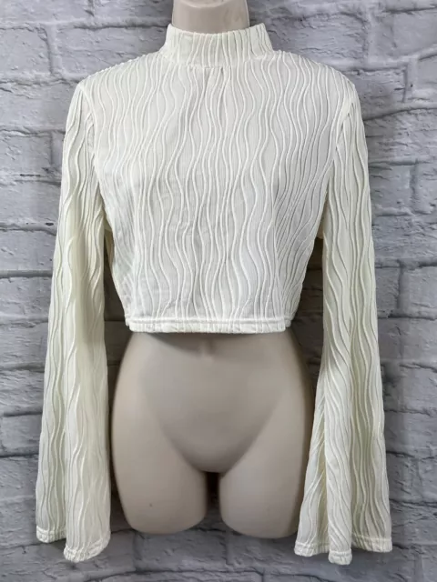 Shein MOD Cream White Crop Top Size L Long Bell Sleeve Jersey Button Wavy Stripe