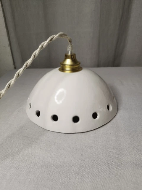 Suspension Céramique Blanche Ondulée - Vintage - Diamètre 20 Cm - Douille E27