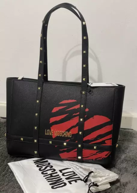 LOVE MOSCHINO HEART Studded Shoulder Tote Bag Black Womans