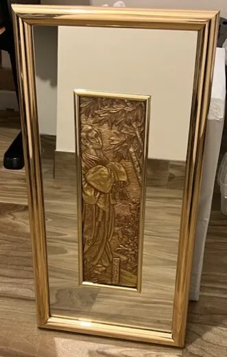 Rare Unique Vintage Wall Mirror With Gold Color Carved Asian Girl, Frame 24"x12W