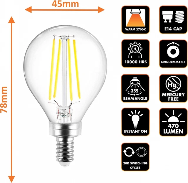 Tungsram LED E14 Klarfilament Mini Globe Glühbirnen, 4W, 470 Lumen, 40W... 2