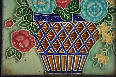 Vintage Framed Fine Colorful Flower Basket Embossed Ceramic Tile, Japan 3