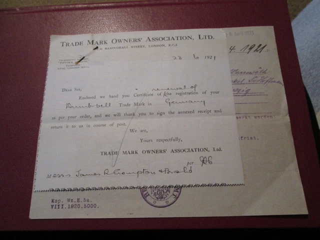 Trade Mark Owners' Association Ltd 1921 Certificate  for DUMBBELL (Germany)