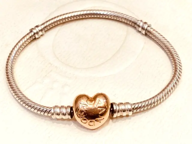 Authentic Pandora Rose Gold Moments Heart Clasp Logo 16cm Silver Bracelet 568707