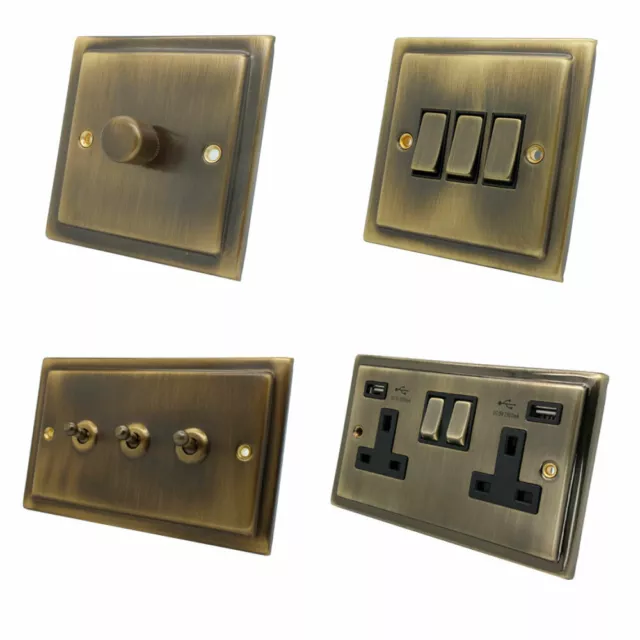 Victorian Step Edge Antique Brass Plug Sockets Light Switches Dimmers Full Range