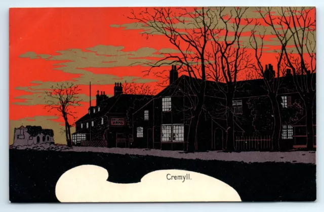 ORIGINAL VINTAGE POSTCARD Cremyll Cornwall, red sky, unusual stylised art card