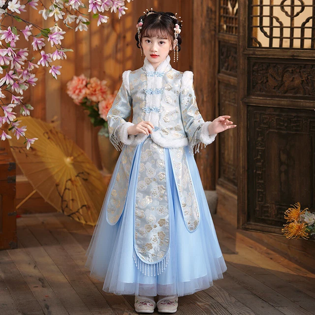 Ragazza Anno Nuovo Abito Cinese Hanfu Fodera Pile Ricamato Ttang Spesso Rétro