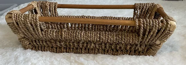 Seagrass Handwoven Large Rope Weave Basket Wooden Handle Vintage 22” x 11” x7”