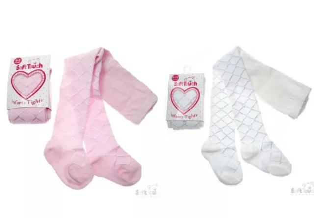 Baby Girls Tights White Pink Cream Diamond Tiny Hearts Christening - 0-24M abg