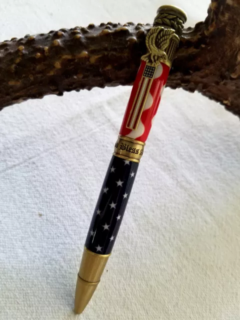 Stylo tordu à bille American Patriot tourné à la main étoiles et rayures laiton antique 2