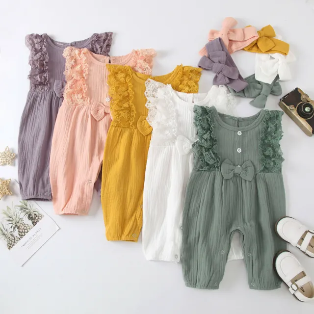 Summer Newborn Baby Girl Lace Bow Romper Bodysuit Jumpsuit Outfit Clothes UK