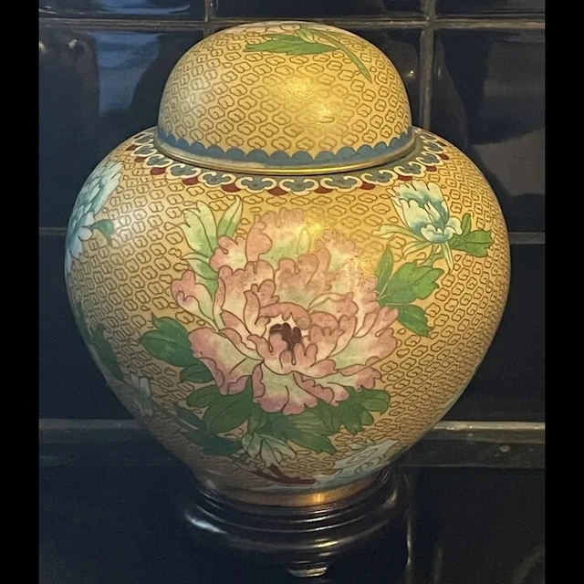 Vintage Chinese Cloisonné Enamel Tea Caddy Floral Motif Lidded