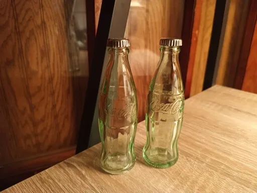 Coca-Cola Salt And Pepper Shakers 4-1/2" Tall Mini Bottles Green