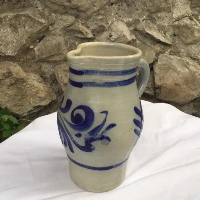 French Salt Glaze Milk Pitcher Alsace Water Blue Pottery Eartheware StoneWare