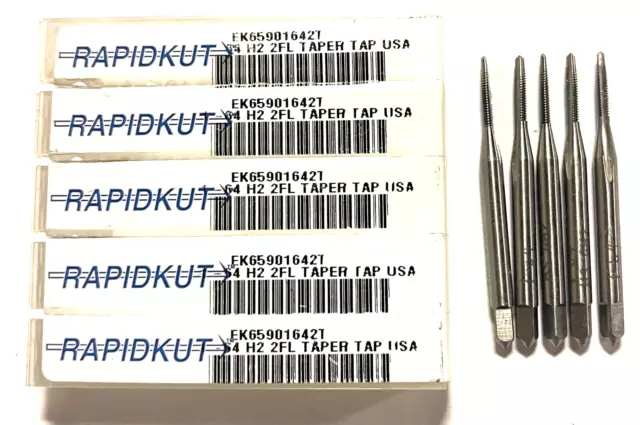 RapidKut 1-64 Hand Tap HSS 2 Flute H2 Bright Finish Taper Tap 5 Pack USA Made