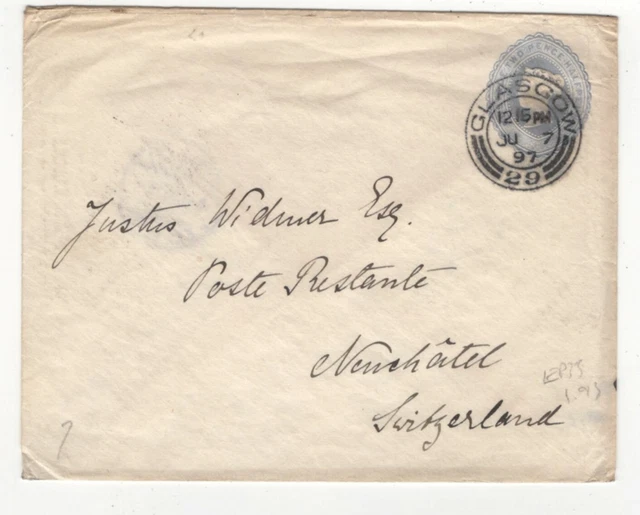 Queen Victoria Postage Paid Cover 1897 Glasgow 29 to Neuchatel Exp Lettre 123c