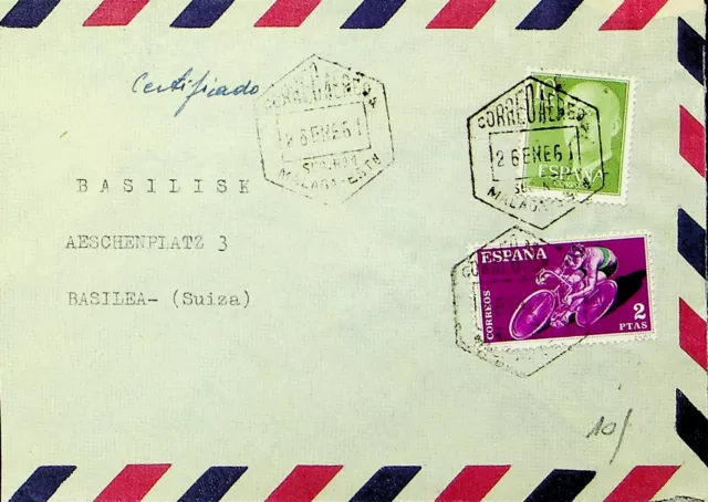 SEPHIL SPAIN 1961 2v ON REGD AIRMAIL COVER FROM MALAGA TO BASEL SWITZERLAND