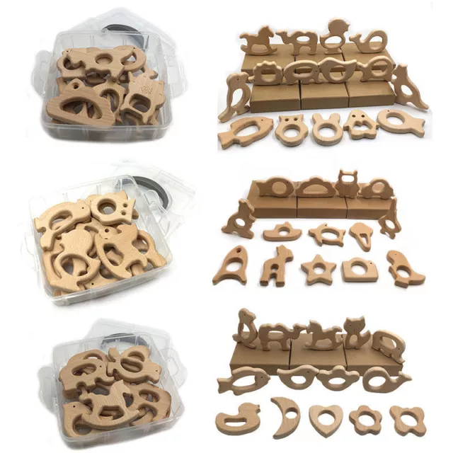 Natural Beech Wood Animal Kit Box Teething Ring Safe Baby Teether Jewelry DIY