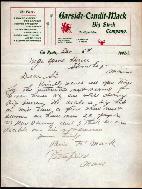 1902 Vaudeville - Garside Condit Mack Big Stock Co - Rare Letter Head Bill