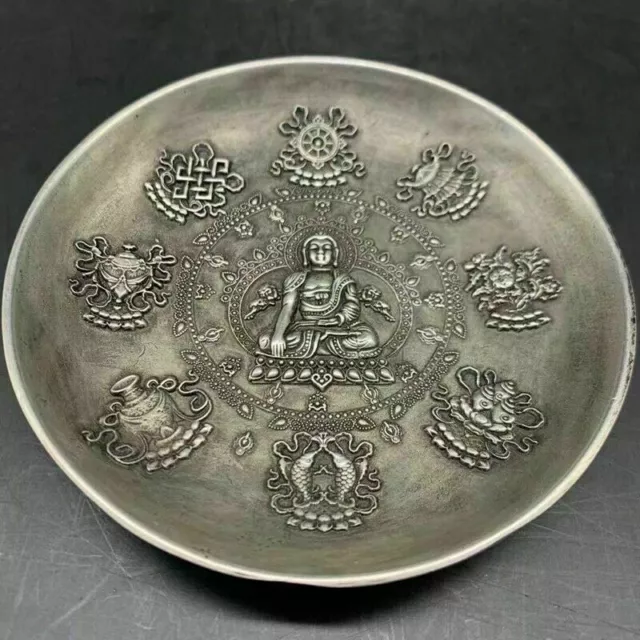 Old Chinese tibet silver handcarved Buddha eight treasures plate Qianlong Mark