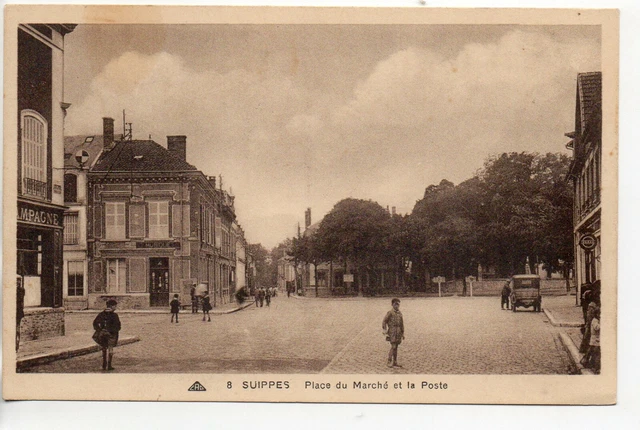 SUIPPES - Marne - CPA 51 - The Marketplace and the Post Office - Brown Edition